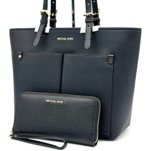 Michael Kors Jet Set Medium Pocket Tote Bag & Continental Wallet Wristlet Black